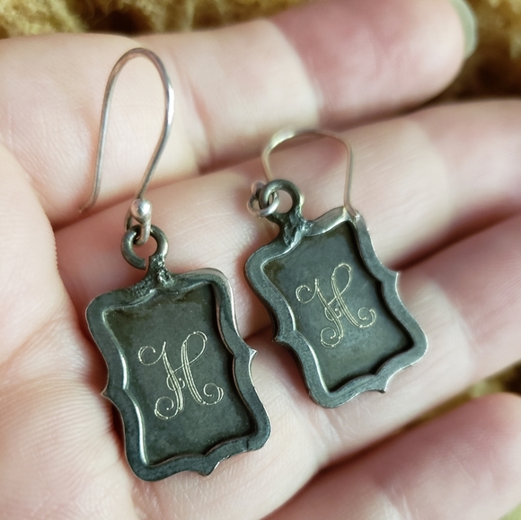 H Initial Engraved Antiqued Silver Dangle Earrings - Picture 5 of 6